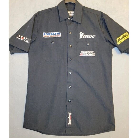SOLD!  NOT AVAILABLE! work shirt 7 patches Black button up top snap Moose racing - Picture 1 of 14